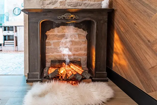 Le feu de cheminée et sa peau de mouton
